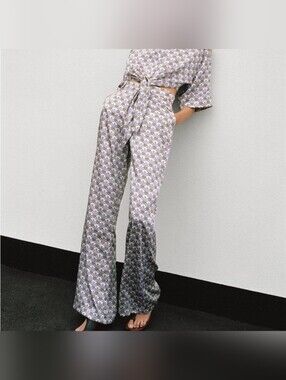 Zara Lavender & Olive Satin Pineapple Print Wide Leg Trousers Pants